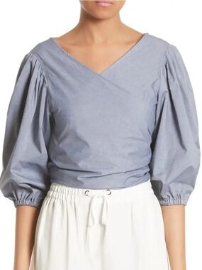 Elizabeth and James Farrah Wrap Top Puff Sleeve Cotton Blue Small